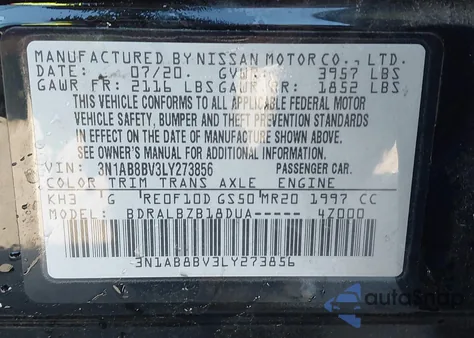 2020 Nissan Sentra S Xtronic Cvt z USA, uszkodzony, nr VIN 3N1AB8BV3LY273856